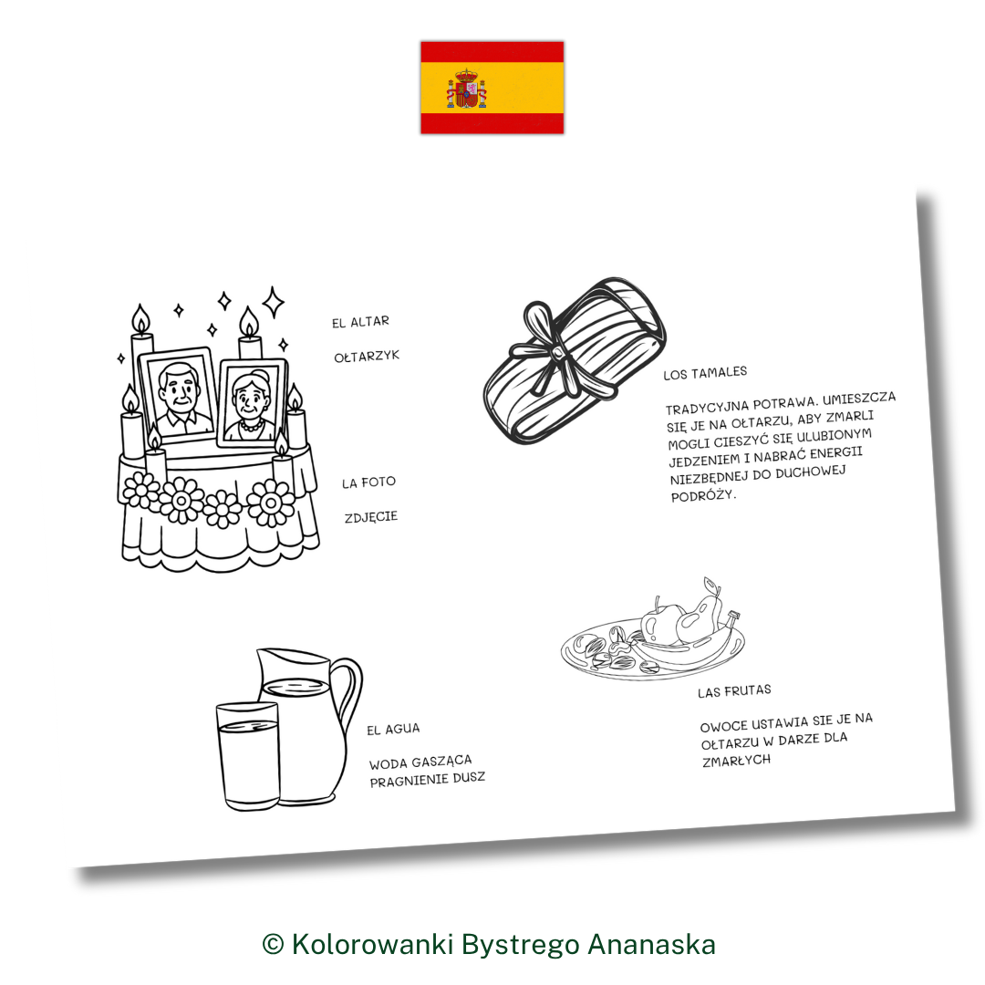 Kolorowanka do nauki hiszpańskiego – Dia de los Muertos