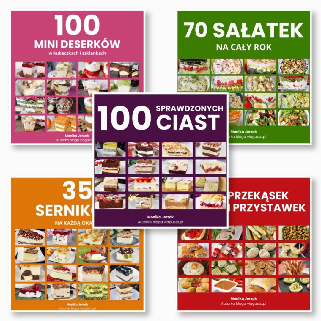 Pakiet: 70 sałatek na cały rok + 35 serników na każdą okazję + 30 przekąsek i przystawek + 100 przepisów na ciasta + 100 mini deserków